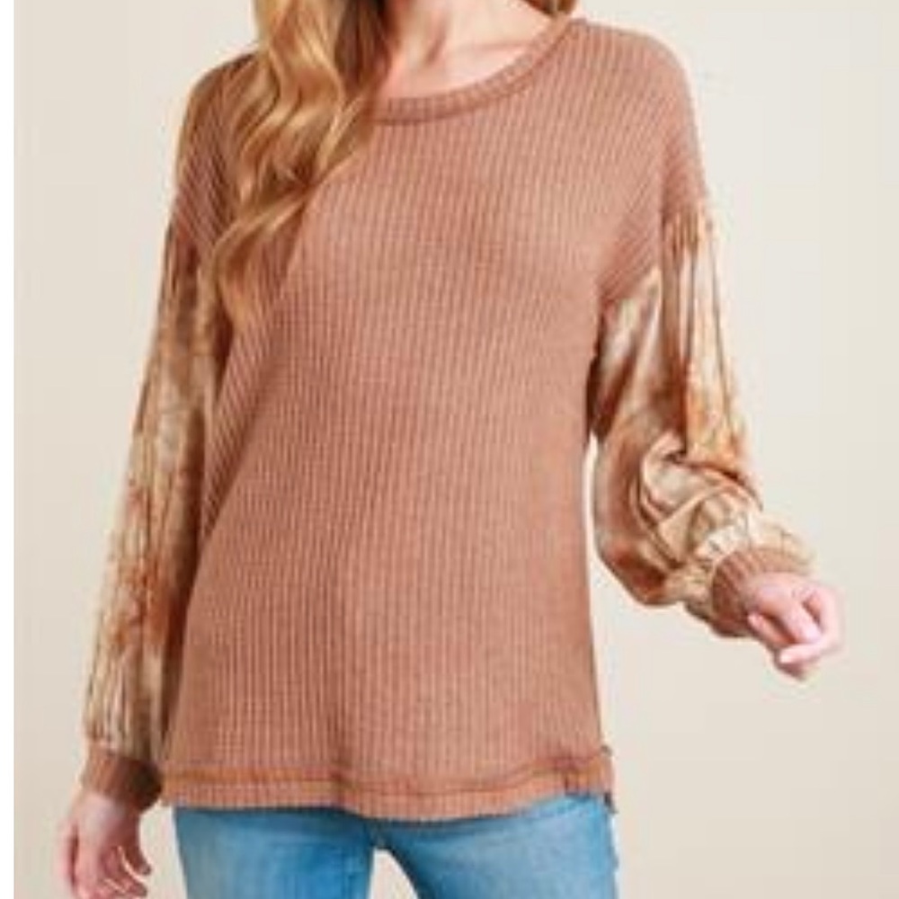 L. Love Boho Neutral Tie Die Sleeve Waffle Knit Lightweight Women’s Top Oversize